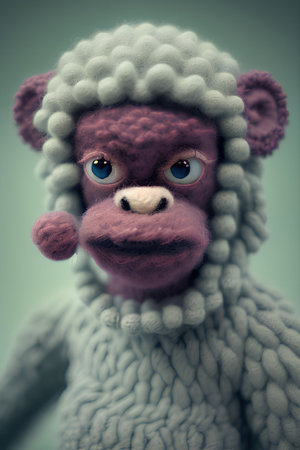 Handmade knitted toy monkey on gray background. Toned.