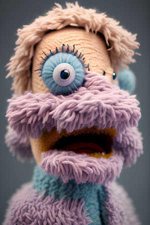 Handmade crochet doll on grey background, closeup of photo.