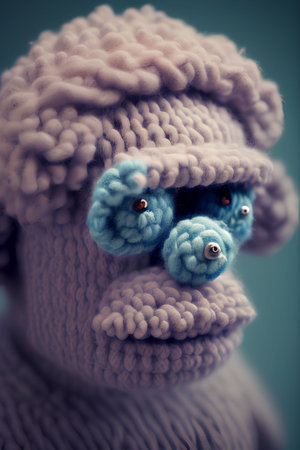 Handmade knitted baby doll. Selective focus. Toned.