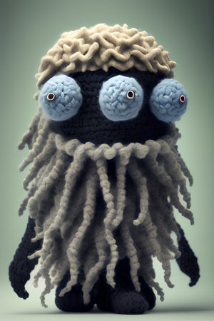 Cute crochet monster with big eyes on a gray background. 3d illustration.