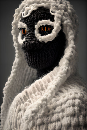 A closeup shot of a black and white knitted sheep doll