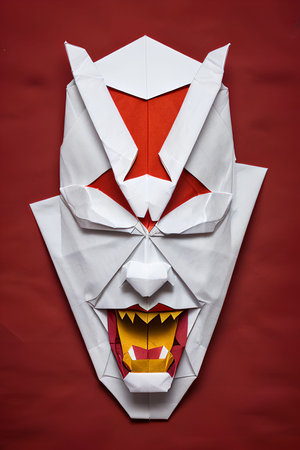 Paper origami lion on a red background. Close-up.
