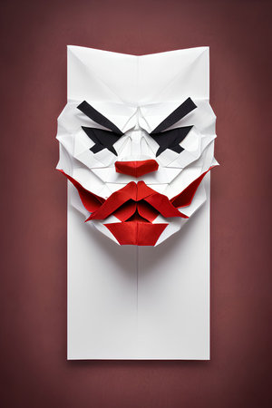 Paper origami man with mustache and bow tie on red background.の写真素材