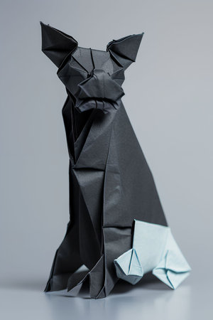 Black and white origami crumpled paper on a gray backgroundの写真素材