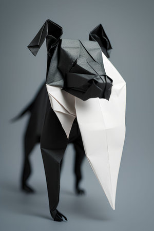 Paper origami dog isolated on grey background. Origami concept.の写真素材
