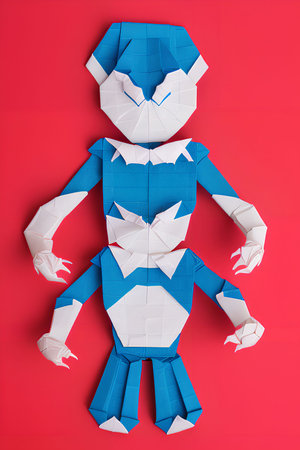 Paper origami man isolated on red background. Origami man.の写真素材