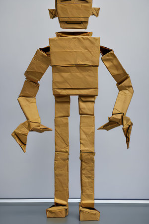 Man made of yellow cardboard on grey background. 3d rendering.の写真素材