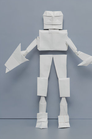 Robot made of paper with origami arrow on a gray backgroundの写真素材