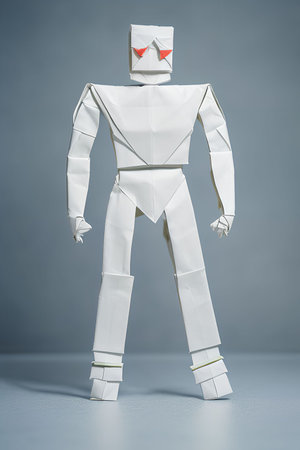 Robot made of paper on a gray background. 3d renderingの写真素材