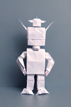 Robot made of crumpled paper on a gray background.の写真素材