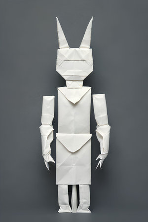 Paper bunny made of paper on grey background. Minimal creative concept.の写真素材