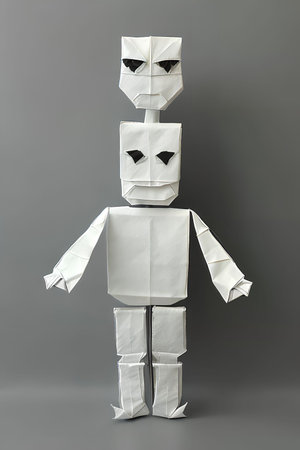 Paper man with white origami smiley face on gray background.の写真素材