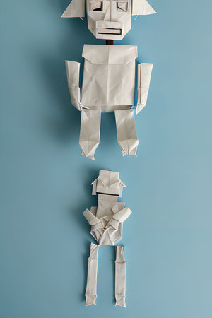 Funny robot made of paper on blue background. Minimal conceptの写真素材