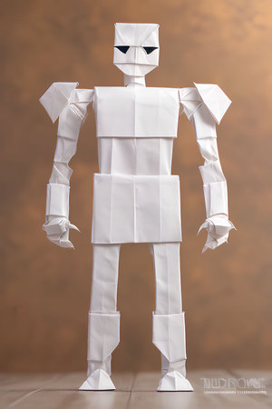 Robot made of white paper on brown background. 3d renderingの写真素材