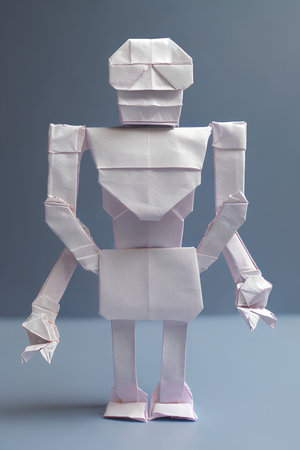 Paper robot made of paper on grey background. Artificial intelligence concept.の写真素材