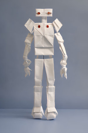 Robot made of paper on a gray background. 3d renderingの写真素材