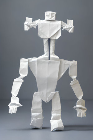 Paper man with crumpled paper on gray background, origami conceptの写真素材