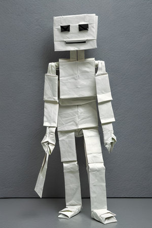 Robot made of crumpled paper on a gray background.の写真素材