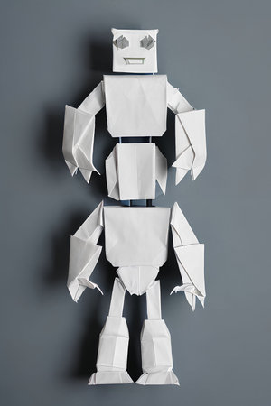 robot made of origami paper on grey background, top viewの写真素材