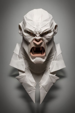 Screaming white paper monster on gray background. 3d illustrationの写真素材