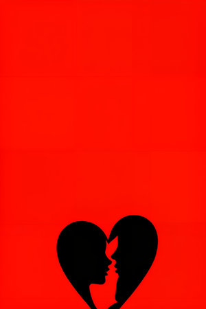 Silhouette of couple in love in heart shape on red backgroundの写真素材