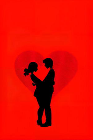 Silhouette of boy and girl in love on a red backgroundの写真素材