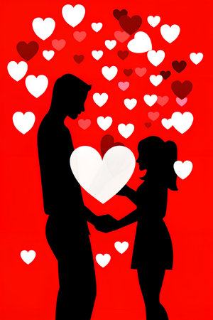 Silhouette of a couple holding a heart on a red backgroundの写真素材