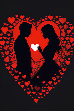 Silhouette of a loving couple on a background of red hearts