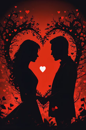 Silhouette of the bride and groom on a red background with heartsの写真素材