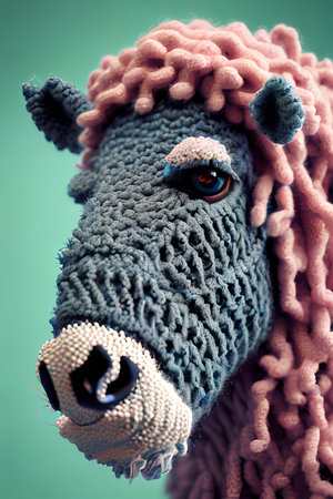Head of a horse made of woolen yarn on a green background