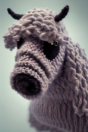 Handmade knitted woolen sheep. Shallow depth of field. Toned.の写真素材