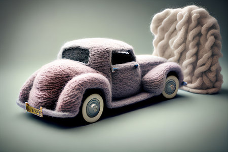 Vintage toy car with wool cap on gray background. 3d illustrationの写真素材