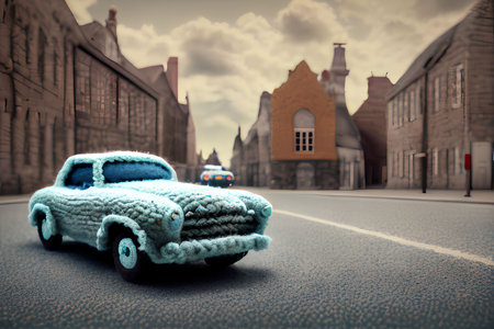 Car on the road in the old town. 3D illustration.