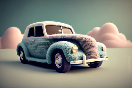 Vintage retro car with hat and scarf on the background of cloudsの写真素材