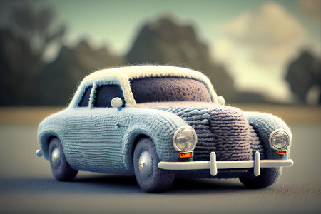Vintage toy car on a road in winter. 3d rendering