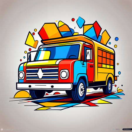 School bus with colorful cubes. Back to school concept. Vector illustration.