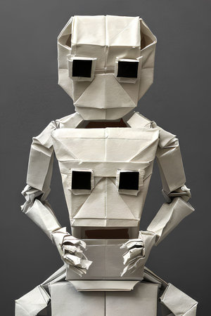 Robot made of crumpled paper isolated on gray background.の写真素材