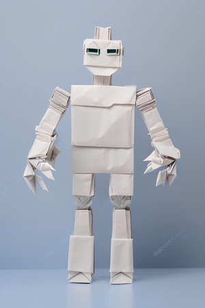 robot made of crumpled paper on a blue background.の写真素材