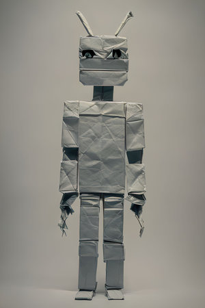 3d rendering of a robot made out of crumpled paperの写真素材