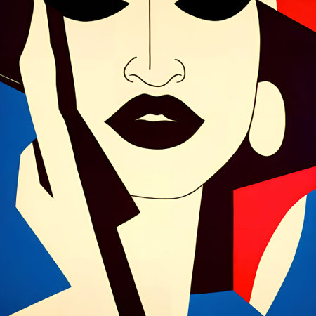 Illustration of a woman's face with red lips on a blue background
