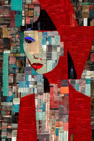 Abstract collage of a woman in a red jacket and sunglasses.