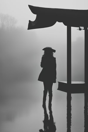 Silhouette of a woman in a hat and coat standing by the lake in the fogの写真素材