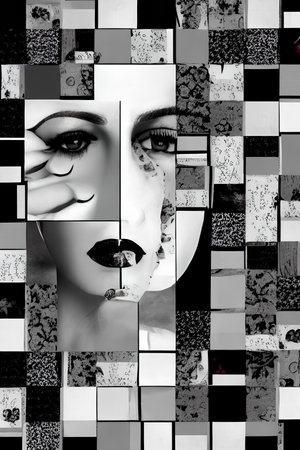 Black and white collage of woman face with creative make-up