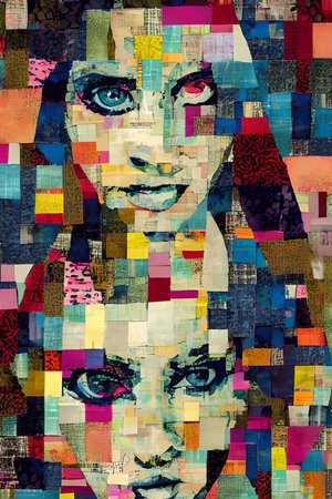 Abstract collage with african american woman face. Colorful background.