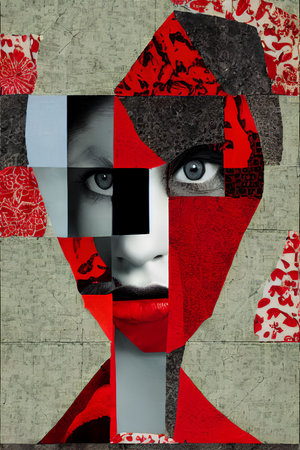 Portrait of a beautiful girl with red lips. Art collage.