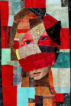 Abstract painting of a woman's face in a collage style.