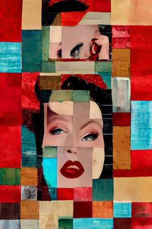 Contemporary art collage. Portrait of a beautiful young woman with red lips on colorful background.の写真素材