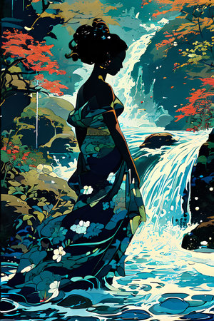 Illustration of a beautiful Japanese woman in a kimono at a waterfallの写真素材