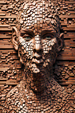 3d rendering of a man made of mosaic blocks with a human face