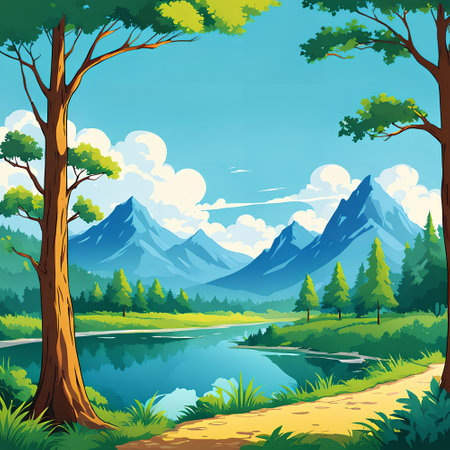 Beautiful landscape with lake, forest and mountains. Vector illustration.の写真素材